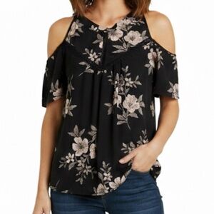 Sienna Sky Black Blush Floral Cold Shoulder Top Crochet Trim Keyhole Blouse M‎